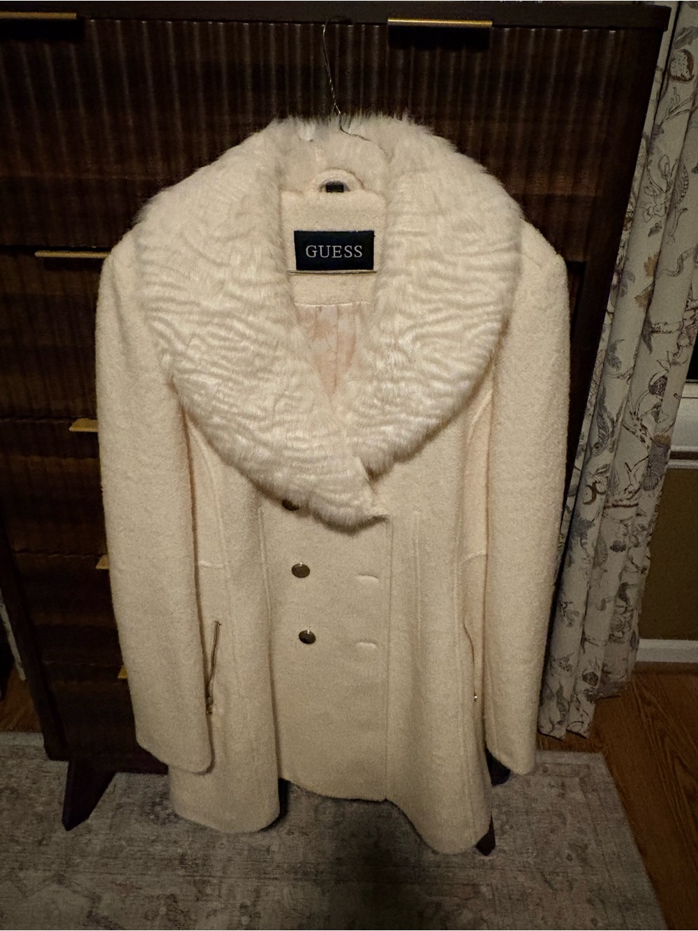 GUESS Cream Bouclé Faux Fur Collar Double Breasted Dress Coat XL